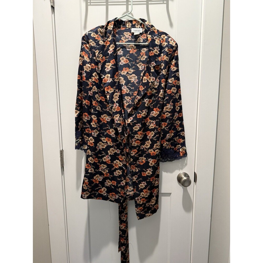 Natori Women's Blue Satin Kimono Robe w Lace Cuffs Belted Knee Length Small